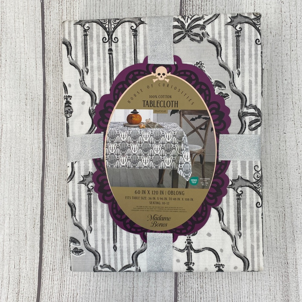 Madame Bones Tablecloth Halloween 60x120 Oblong Grey Gothic Skull Candelabra